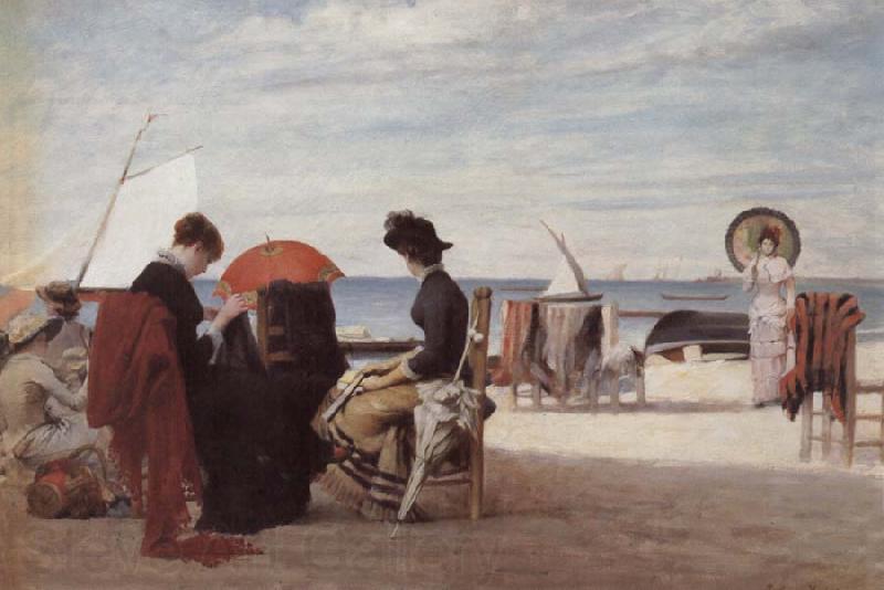 Jules Aviat Beach Scene,Trouville Spain oil painting art
